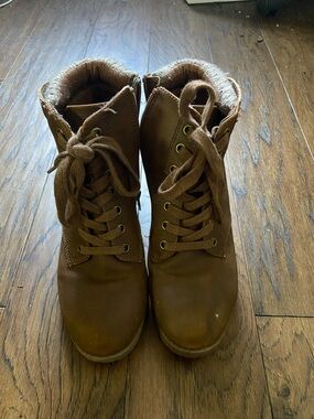 Time and Tru Brown Lace-Up Faux-Fur Ankle Boots